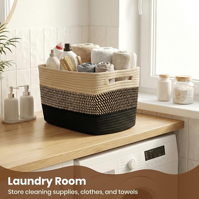 Storage Baskets for Organizing, 14 x 10 x 9” Closet Shelf Woven Baskets, Square Bins with Handles, Cotton Rope Basket for Clothes, Office, Room, Black+Brown 4 Pack - Image 6