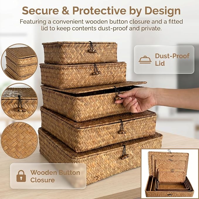 Wicker Basket With Lid Set of 5,Decorative Boxes with Lids Flat Storage Bins,Multipurpose Seagrass Storage Baskets,Wicker Basket With Lid Woven Organizer Baskets for Shelf, Closet, Bedroom - Image 3