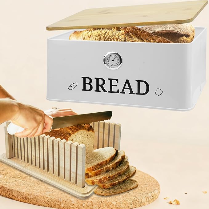 White Bread Box for Kitchen Countertop with Bamboo lid, Hygrometer Kitchen Organizer for Sourdough, Buns, and Loaves, Bread Storage Container with Cutting Board Lid - Image 5