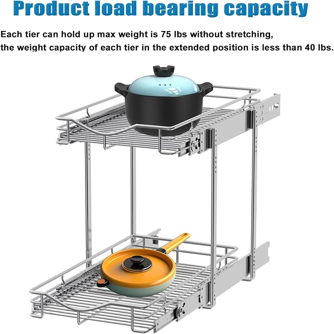 DINDON 2 Tier Pull Out Cabinet Organizer (11" W X 21" D), Double Tier Wire Basket Slide Out Shelf Storage for Kitchen Base Cabinet Organization ​for Kitchen, Pantry, Bathroom, Chrome - Image 5