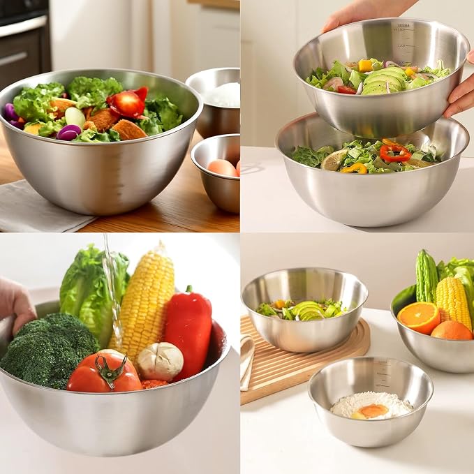 Mixing Bowls, Set of 3, Stainless Steel Bowl, Salad Bowl Set, Gourmet Bowl Set with Strainer and Grater Attachments, Serving Bowls, Snack Bowls and Bowls, Size 2.5 L, 2 L, 0.7 L, Stackable and - Image 2