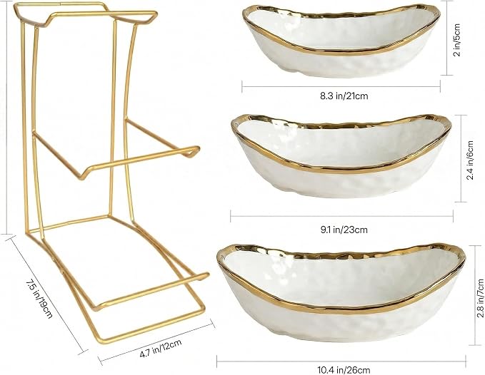 3 Tier White Ceramic Fruit Bowl with Gold Metal Stand, Modern Tiered Fruit Basket Rack for Kitchen Countertop, Large Storage Organizer for Fruit Vegetable Snacks Bread - Image 2