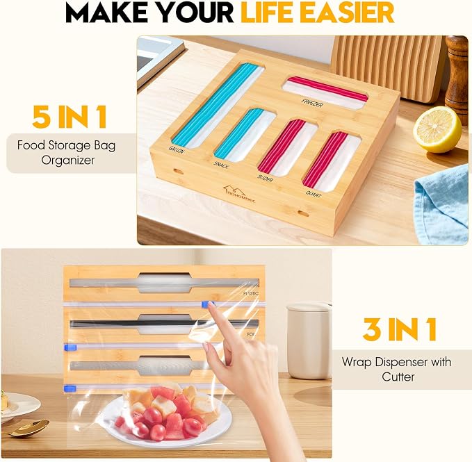 Bamboo Ziplock Bag Organizer for Kitchen Drawer & Wall Mount, Food Storage Baggie Holder, Fits Gallon Quart Sandwich Snack Freezer & Slider Bags, No Assembly, 9 in 1,Natural Color - Image 5