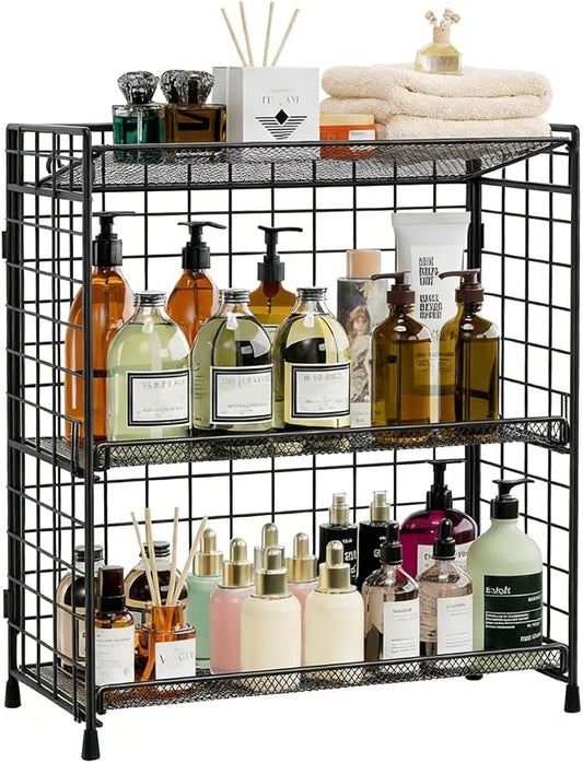 DTUQYX Bathroom Counter Storage Organizer, 3 tier Flodable Perfume Make up Organizers for Vanity, Installation-free Metal Seasoning Shelf Spice Rack for Countertop, Kitchen, Cabinet, Bedroom, RVs by DTUQYX
