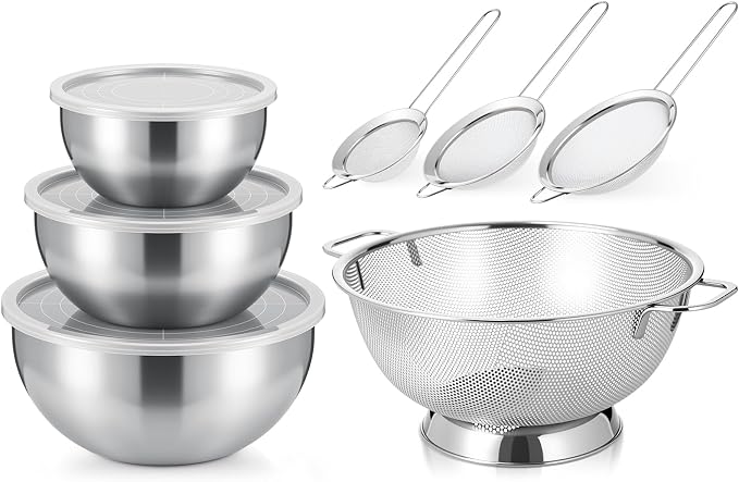 Geetery 7 Pcs Stainless Steel Kitchen Accessories Set 3 Nesting Mixing Bowls with Lid(1.5/3/5qt), 1 Colander with Handle(5qt), 3 Fine Mesh Strainers(8/14/20cm) for Cooking, Baking, Prepping, Draining by Geetery