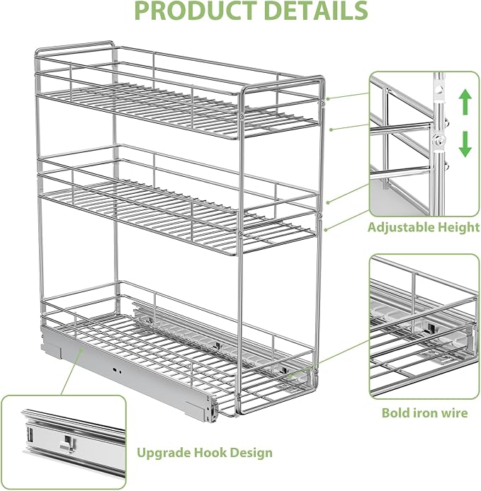 Pull Out Spice Rack Cabinet Organizer 8½" W x 20½" D, 3 Tier Heavy Duty Sliding Spice Cabinet Organization for Narrow Cabinet, Pull Out Shelves for Kitchen - Image 5