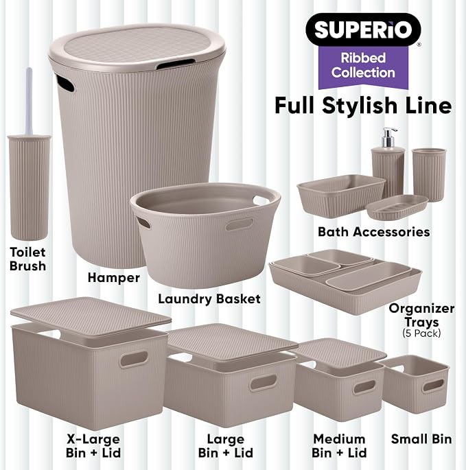 Superio Ribbed Collection - Decorative Plastic Basket Open Home Storage Bins Organizer, Taupe (Set of 3) 1 Medium, 2 Small - Container Boxes for Organizing Closet Storage Bins for Shelves - Image 6