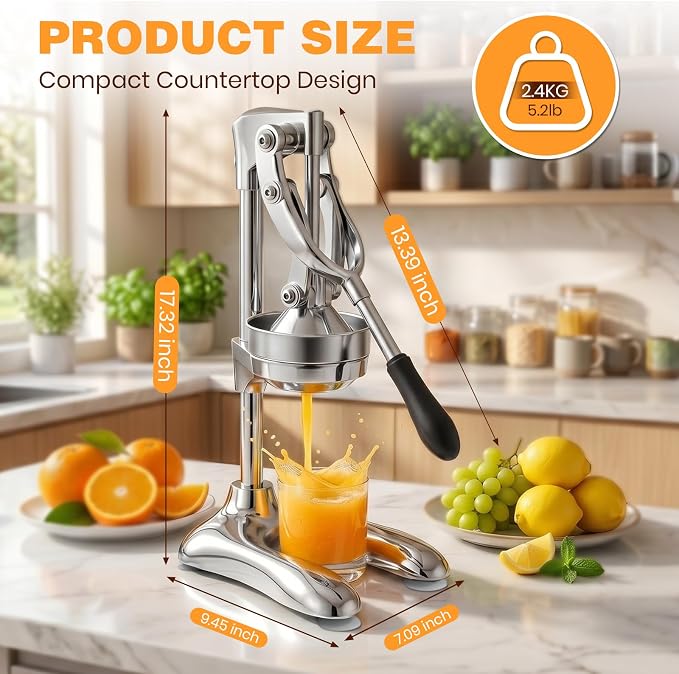 Stainless Steel Manual Citrus Juicer Heavy-Duty Lever Press | Strainer and Stable Countertop Base, Hand Juice Squeezer for Oranges, Lemons, Grapefruits, Cast Iron Juicer - Image 8