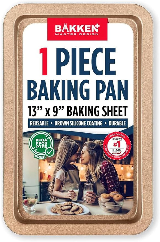 BAKKEN Kitchen Baking Pans - Nonstick Brown Coating, 13.18’’ × 8.66’’ Commercial Grade Carbon Steel Cookie Sheet, Baking Kitchen Essentials, PFOA, PFOS, PTFE Free, Oven Safe Tray (450° F), Brown by Unknown