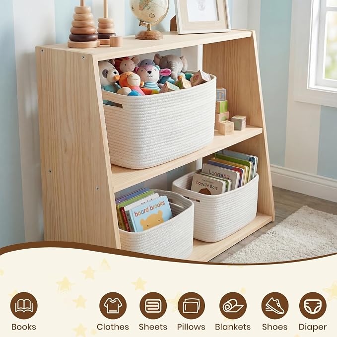 Storage Baskets for Organizing, 14 x 10 x 9” Closet Shelf Woven Baskets, Square Bins with Handles, Cotton Rope Basket for Clothes, Office, Room, White 1 Pack - Image 7