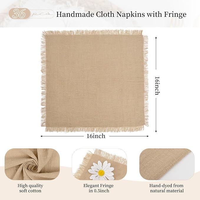 36 Pack Caramel Napkins Cotton Linen Napkin 16 x 16 Inch Caramel Napkins Cloth Handmade with Fringe Soft Washable Rustic Dinner Napkin Cloths for Wedding Party Dinner Table - Image 2