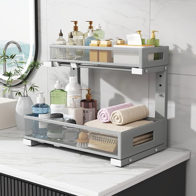 1 Pack-11.4"-16.14" H Under Sink Storage Organizer, Large 2-Tier Elegant Mesh Pull Out Shelf for Kitchen & Bathroom Cabinet Organization, L-Shaped, Adjustable Height-Gun Gray - Image 7