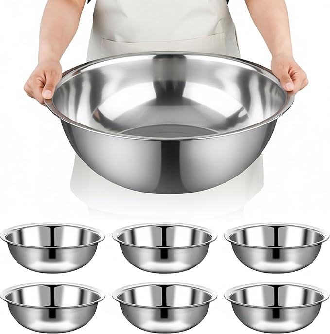 6 Pcs Stainless Steel Mixing Bowls Metal Mixing Bowls Extra Large Basin Salad Bowl with Deeper Edge, Dishwasher Safe, Mirror Finish for Home and Commercial, Silver (16 Inch 13 Qt) by Unknown