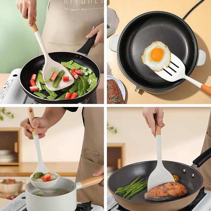 Silicone Cooking Utensils Set 5 Pcs Large Non-Stick Kitchen Utensils Set, Wooden Handle Heat Resistance Turner Soup Ladle Spoon Silicone Cooking Kitchen Gadgets BPA Free for Nonstick Cookware - Image 8