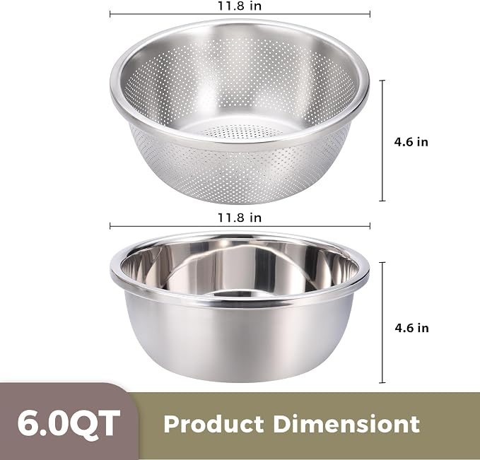 Colander and Bowl Set 6.0QT (2-in-1) - Thickened 304 Stainless Steel Kitchen Strainer Bowl for Fruit, Pasta, Vegetables, Rice - Heavy Duty, Induction Cooker & Dishwasher Safe - Image 3