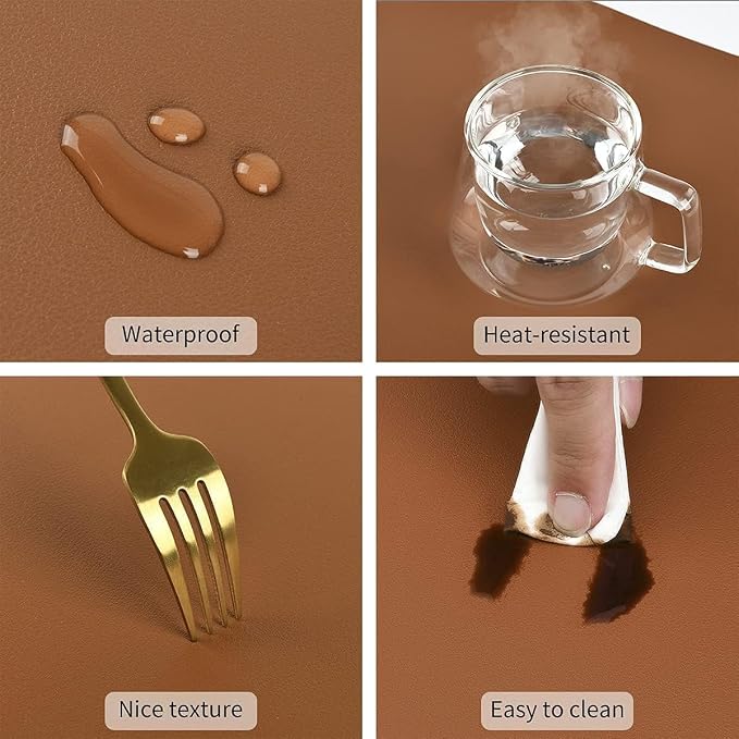 Faux Leather Placemats Set of 8, Wipeable & Washable Table Mats | Waterproof, Heat-Resistant & Easy to Clean Round Place Mats for Dining & Kitchen, 17''x13'', Brown - Image 7
