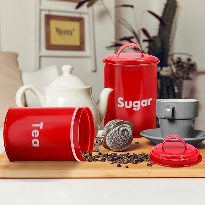 Plexon Bread Box for Kitchen Countertop, Bread Container with Coffee, Tea, Sugar Canisters, Metal 4-Piece Bread Box Set with Lids, Red - Image 7
