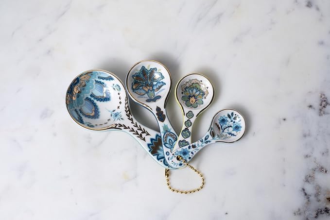 Mary DiSomma’s Ceramic Measuring Spoons (Set of 4) | Unique Signature Floral Print Design for each, Gold Overlay, Teal, Blue, Robin’s Egg Blue, Lime Green, Metallic Gold Chain, Boxed gift set - Image 4
