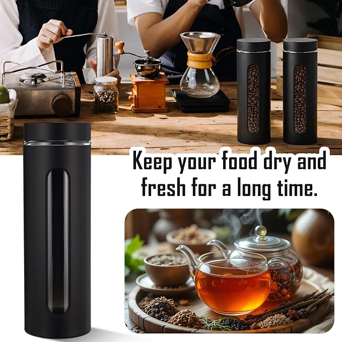 Patelai 6 Pack Kitchen Canisters Set Airtight Stainless Steel Canister Food Storage Container with Window Glass, Coffee Sugar Candy Jars Tea Organizer for Flour Cookies Spice (Black,60 oz) - Image 5