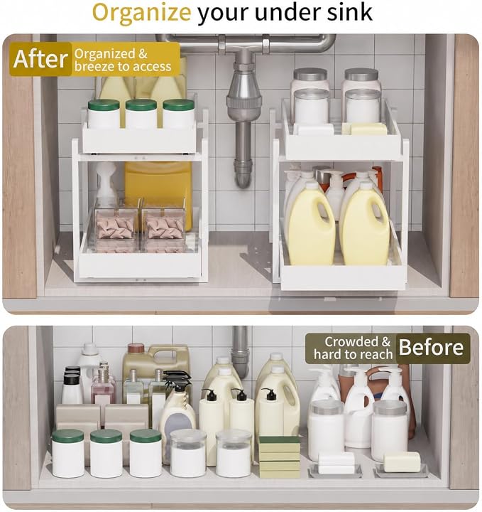 Bamboo Under Sink Organizer 2 Tier Pull Out Cabinet Storage Drawer - Image 3