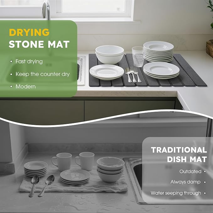 Large Stone Dish Drying Mat for Kitchen Counter – 24"×16" Collapsible Diatomaceous Earth Mat, Ultra Absorbent & Quick Dry, Foldable Drying Pad for Dishes, Bottles, Cups (Dark Grey) - Image 5