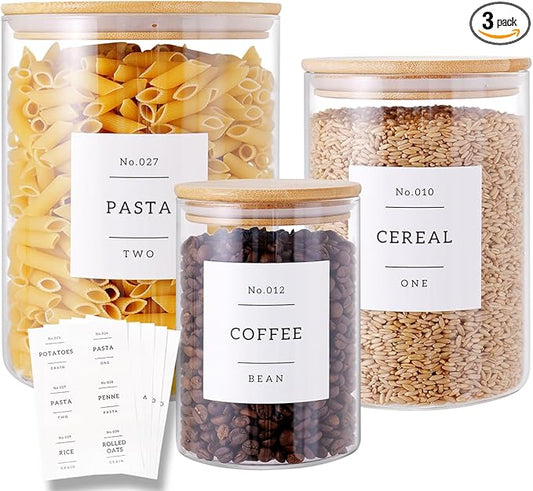 3 Pcs Glass Canisters with Airtight Bamboo Lids and 42 Kitchen Pantry Labels Preprinted - Clear Glass Flour and Sugar Storage Container Set - Large Glass Jars with Wood Lids(100 OZ/54 OZ/27 OZ) by HHMJSM