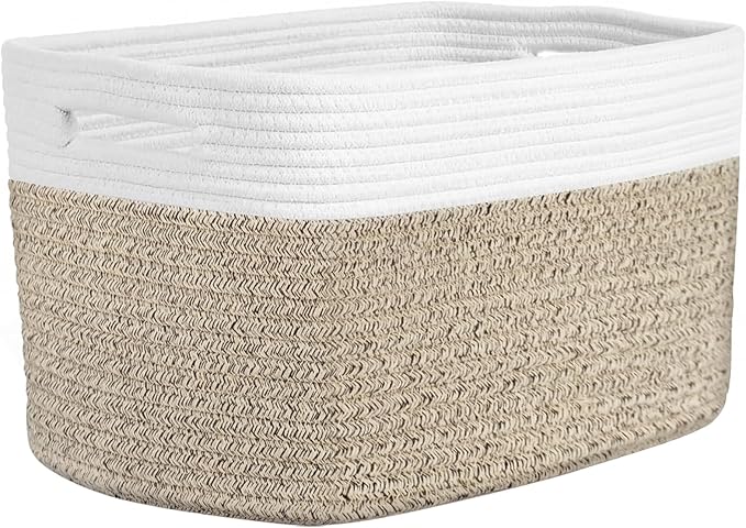 Storage Baskets for Organizing, 14 x 10 x 9” Closet Shelf Woven Baskets, Square Bins with Handles, Cotton Rope Basket for Clothes, Office, Room, White+Rice Brown 1 Pack by Unknown