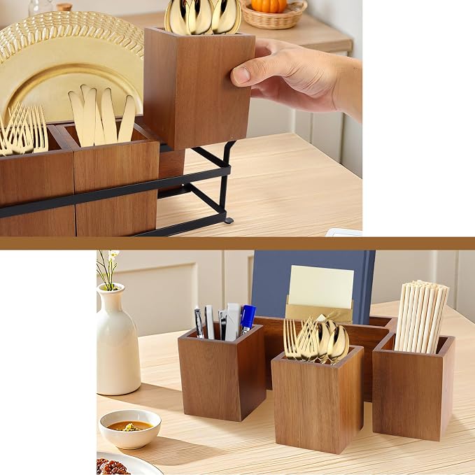 Silverware Caddy Acacia Wood Silverware holder for Party Utensil Caddy with Metal Handle Paper Plate Organizer Cutlery Holder Flatware Organizer for Spoons Forks Napkins - Image 4