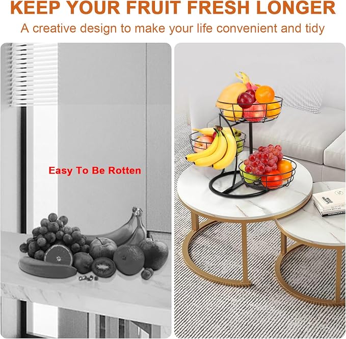 Livabber Fruit Basket Bowl with Banana Hanger, Fruit Vegetable Storage Basket with Banana Tree Holder for Kitchen Counter, Detachable Organizer for Bread Snack Produce (Black, 3-Tier Metal Base) - Image 5
