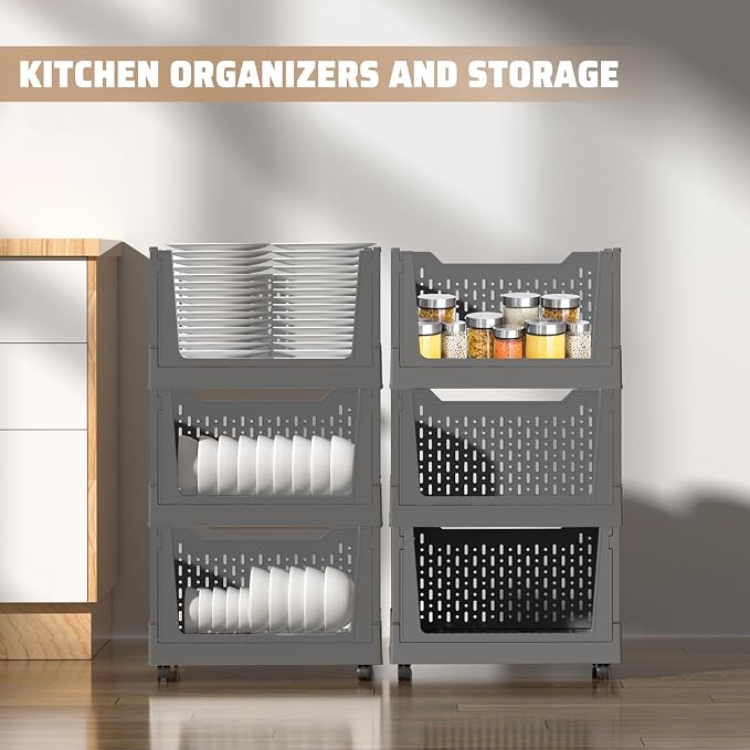 Stackable Plastic Storage Bins, 3 Pack Foldable Closet Organizers and Storage Basket with Wheels, Collapsible Drawer Shelf Storage Box Container for Office Bedroom Closet Wardrobe Kitchen Bathroom - Image 4