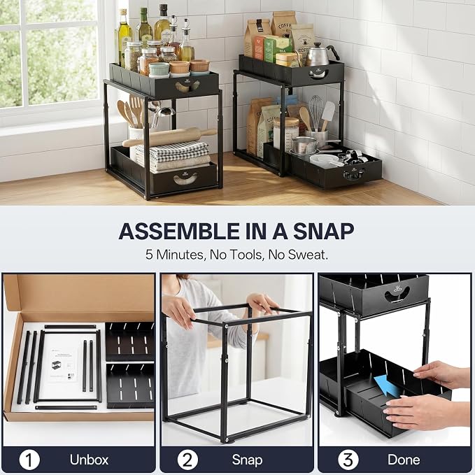 Adjustable Under Sink Organizer, 2 Tier Under Sink Organizers and Storage,Slide Out Metal Cabinet Organizers, Pull Out Cabinet Storage Drawer Shelf for Kitchen Bathroom (1, black) - Image 5