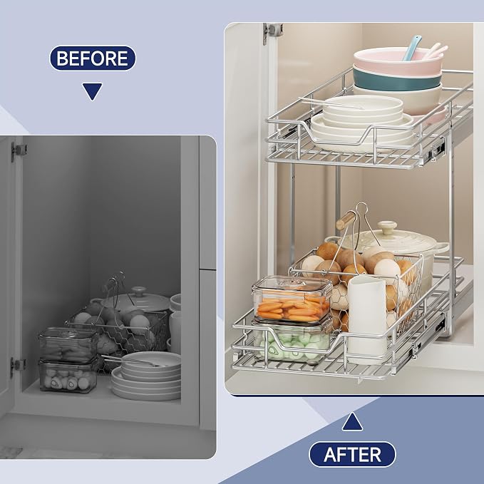 2-Tier Pull Out Cabinet Organizer, 10.5" W x 21.5" D, Heavy Duty Dual Slide Out Shelves for Narrow Base Cabinets, Chrome Wire Basket Drawer for Spices, Bottles & Snacks - Image 7