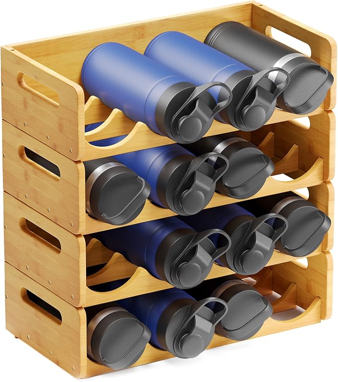 SpaceAid Bamboo Water Bottle Organizer with Labels, Kitchen Pantry Water Bottle Storage Rack for Cabinets, Home Cup and Wine Bottle Holder Shelf Organizers, 4 Pack 4-Slot, Hold 16 Bottles by SpaceAid