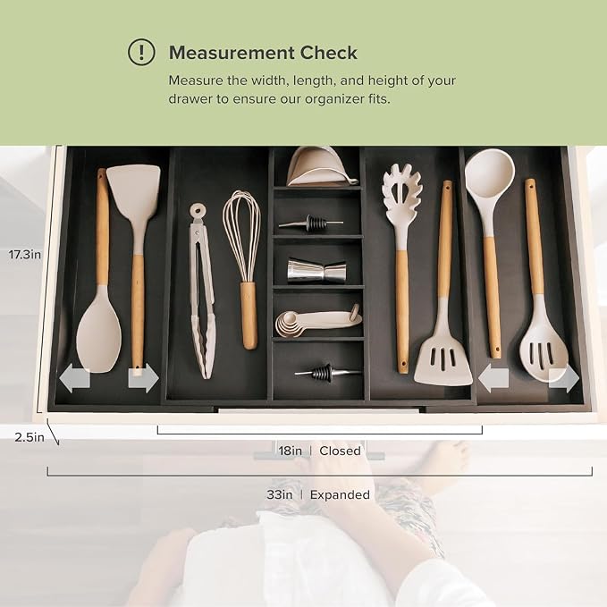 Utensil & Junk Drawer Organizer, 19-33 in, Black Bamboo | Food-safe contract grade, 100% sustainable wood, non-slip, adjustable - Image 4