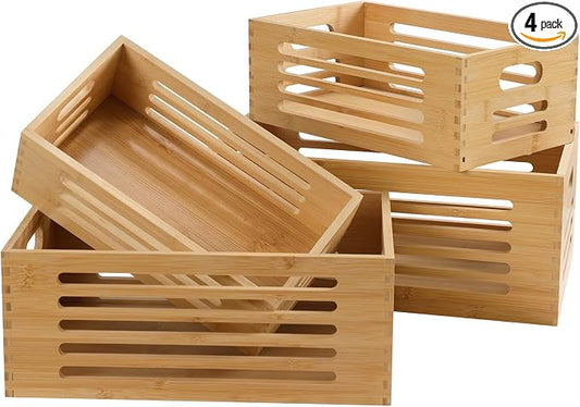 ANMINY Wood Storage Bins Crates, Nesting 4PCS, Sturdy Mortise-Tenon Joint | Natural Bamboo Boxes Bins with Built-in Handles, Sturdy Corner Joints, Hollow Stripe Design, Nestable for Pantry Shelf by ANMINY