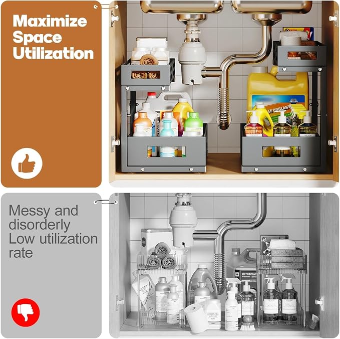 1-Pack Under Sink Organizers and Storage,2-Tier L Shape Pull Out Cabinet Organizer With Round Tube Slide Rails,Hight Adjustable Slide Out Drawers for Kitchen&Bathroom,Multi-Purpose Storage Shelf-Gray - Image 7