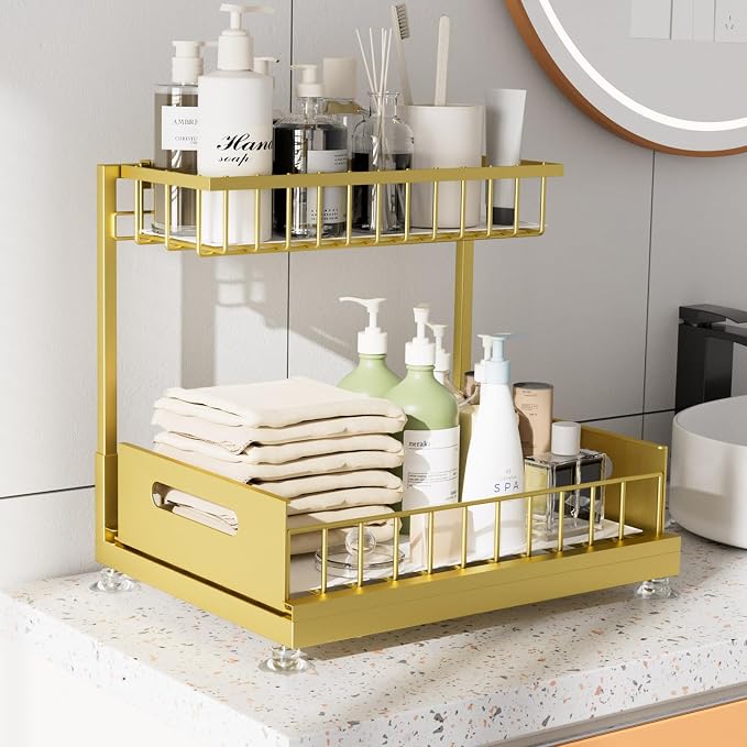 2-Pack L-Shaped Under Sink Organizer, 2-Tier Pull-out Cabinet Rack | Gold Height-Adjustable Steel Rack, Sliding Grid Drawers with PP Liners, Holds 100 Lbs, Suction Base, Ideal Kitchen Storage - Image 3