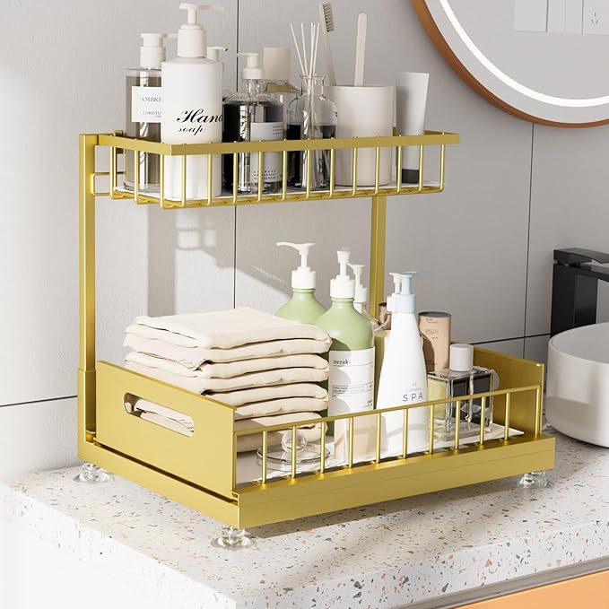 L-Shaped Under Sink Organizer, 2-Tier Pull-out Cabinet Rack 1-Pack | Gold Height-Adjustable Steel Rack, Sliding Grid Drawers with PP Liners, Holds 100 Lbs, Suction Base, Ideal Kitchen Storage - Image 3