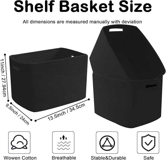 3 Pack Woven Baskets,Storage Baskets for Shelves with Handles | 13.5"×11"×9.5",Closet Baskets,Gift Basket,Nursery Organizer for Toys Towels Books,Storage Bin for Living Room Bedroom-Black - Image 2