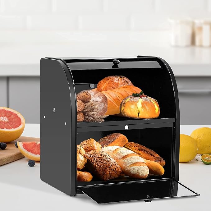 Stainless Steel Bread Box, 2 Layer Roll Top Bread Boxes, Large Capacity Food Storage Container for Kitchen Counter, Metal Bread Bin, Bread Holder for Countertop 12.6" x 9.7" x 12.8" (Black) - Image 5