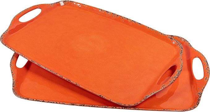 Melamine Serving Tray with Handles, 19“ x 12" Vintage Rustic Large Rectangular Melamine Serving Platter for Serving Food, Breakfast Tray, Set of 2, Dishwasher Safe, Orange - Image 2