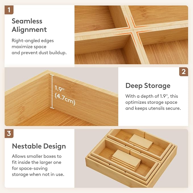 Lifewit Drawer Organizers 5 Pack(11 Grid) with 6 Inserts | Adjustable Bamboo Wooden Trays for Utensils, Silverware, Makeup, Kitchen, Bathroom, Office, Vanity Storage - Image 8