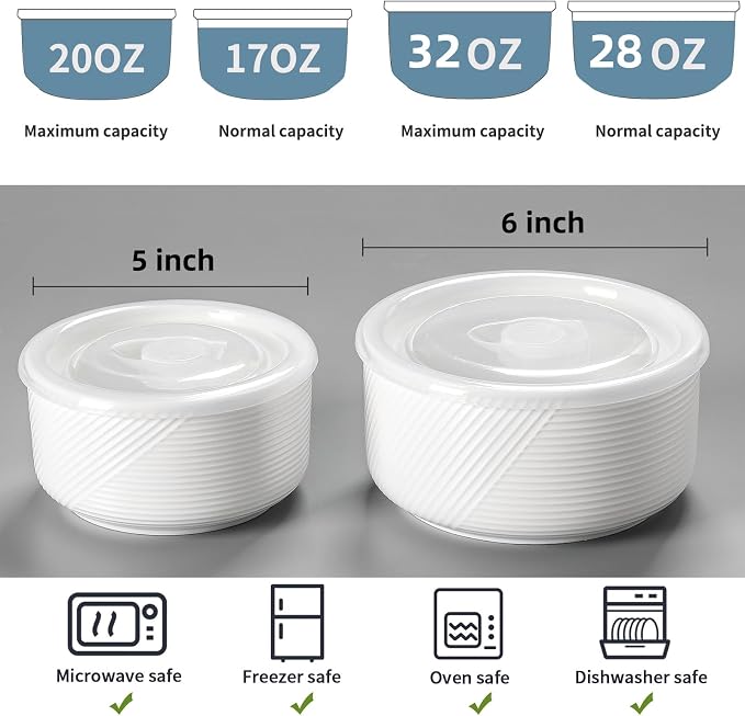 Ceramic Nesting Bowls with Lid, Microwave Safe, Set of 4, White | Food Storage Containers for Work Lunch Picnic Camping Meal Prep Soup Salad Cereal Leftovers - 5 & 6 Inch, 20 & 32 oz - Image 2