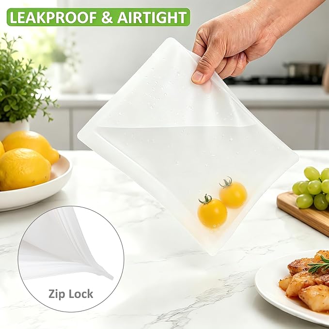 Reusable Sandwich Bags & Snack Bags Set, 8 Pack, 100% Silicone Reusable Storage Bag, Soft Shell Ziplock Silicone Food Storage Containers, Freezer Microwave Oven Dishwasher Safe, Translucent - Image 4