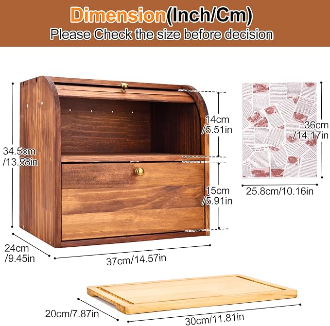 Alpeir Roll Top Bread Box with Cutting Board for Kitchen Countertop, Brown | Large Breadbox with Ventilation Holes, Double Layer Pantry Shelf, Wooden Homemade Bread Storage Container, Vintage Farmhouse - Image 3
