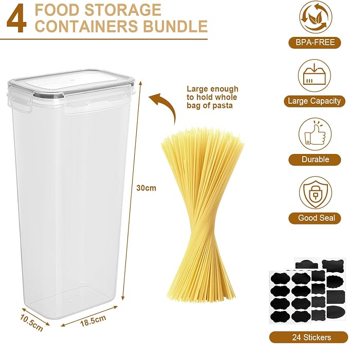 Cozary 2.8L Airtight Food Containers 4 Pieces, Plastic Food Containers with Label, BPA-Free, Airtight Food Storage Jars for Pasta, Cereals, Muesli, Flour - Image 2