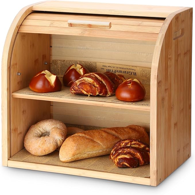 G.a HOMEFAVOR Bread Box, 2 Layer Bamboo Bread Boxes for Kitchen Food Storage, Large Capacity Bread Keeper Roll Top with Removable Layer, 15" x 9.8" x 14.2", 15 mm Thickness (Self-assembly) | Roll Top Bread Keeper with Removable Layer, Large Capacity, 1... by GaHOMEFAVOR
