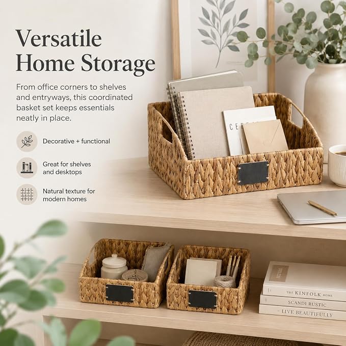 Water Hyacinth Pantry Baskets Set of 3, Chalkboard Labels | Wicker Baskets for Shelves, Woven Pantry Organizer, Laundry Room, Bathroom & Bedroom Storage, Cutout Handles, Large + 2 Small - Image 7