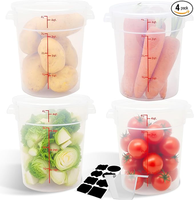 4 Pack 4QT Round Food Storage Containers with Lids | NSF, BPA-free PP containers with scale, label and measuring cup, stackable for prep, storage, freezer. Dishwasher safe by STEELUS