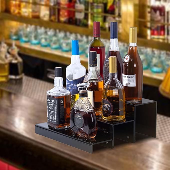 JUESHA 2 Pack Tiers Bar Shelves for Liquor Bottles, 15" Clear Acrylic Risers Display Racks Stands for Figures Pops Cupcake Perfume Collections (Black) - Image 6